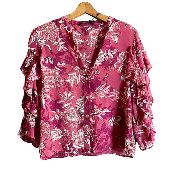 ZARA Printed Top Ruffles Floral Pink 3/4 Sleeves Button Down Chiffon Medium NWT - Picture 1 of 14